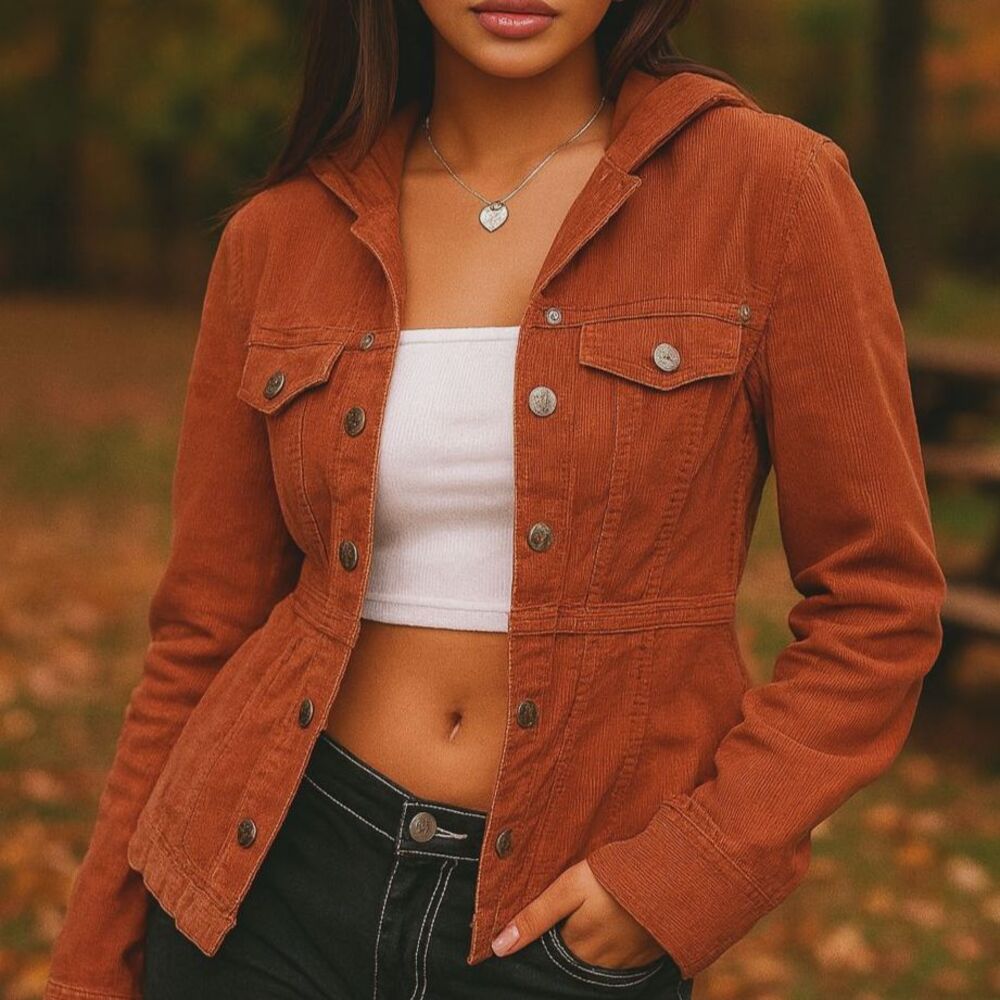 Vintage Y2K Corduroy Jacket Women S Brown Rust Hooded Gilmore Girls Retro